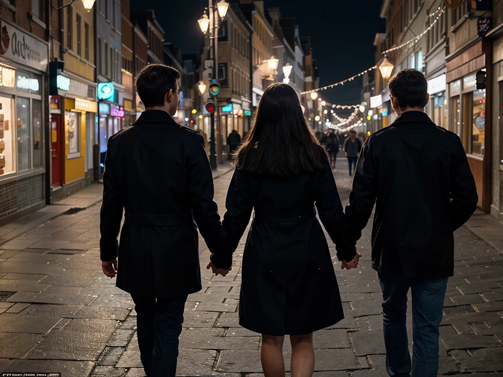 Walking hand in hand: A couple walking hand in hand down a picturesque street, their fingers intertwined, and the city's lights creating a romantic backdrop.