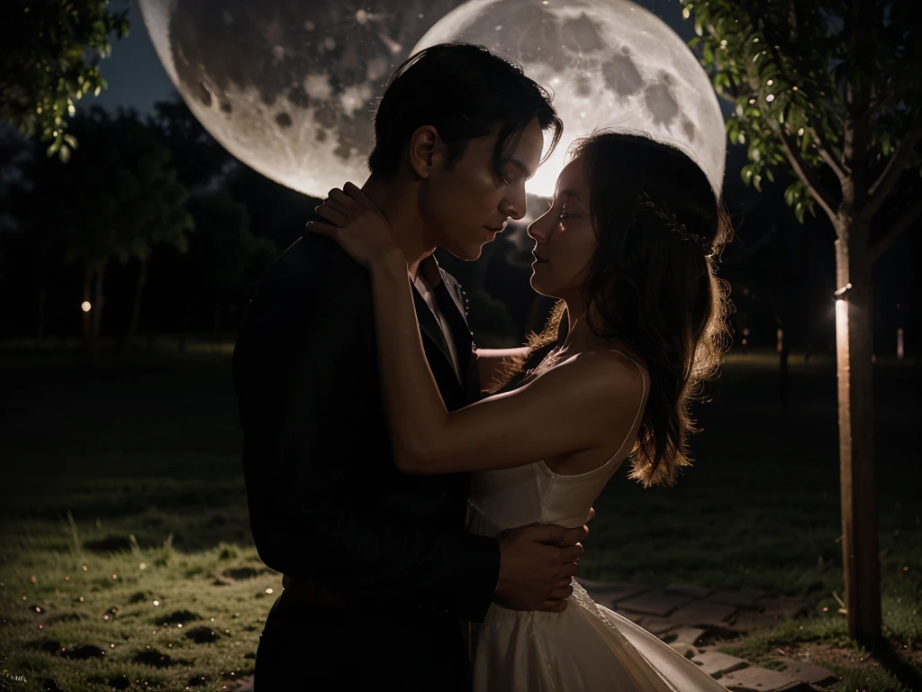 Moonlit dance: A couple dancing under the moonlight, their eyes locked on each other, with the moon casting a gentle glow on their intimate moment.