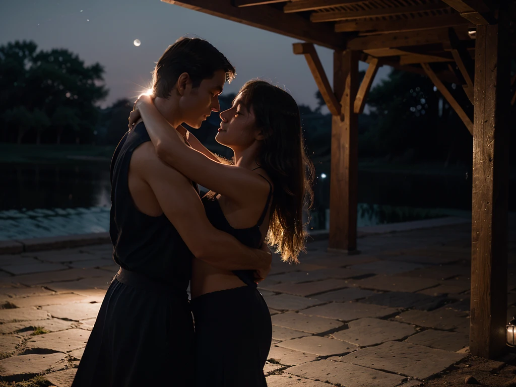 Moonlit dance: A couple dancing under the moonlight, their eyes locked on each other, with the moon casting a gentle glow on their intimate moment.