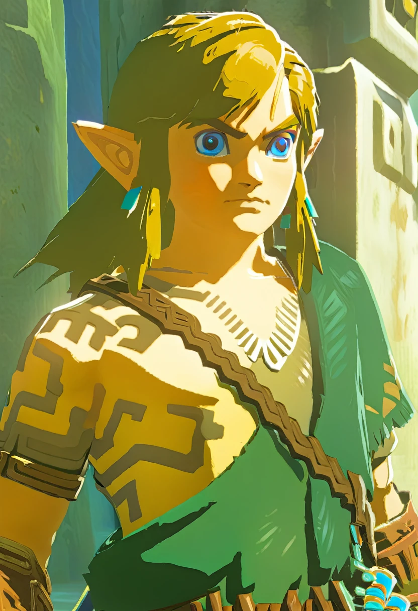 1 boy, link\(The Legend of Zelda\), totklink, zonai dress, single bare shoulder, ((Masterpiece)), ((Best Quality)), (Very Detailed), ((Very Detailed)), 4K, (8K), very aesthetic, absurdres highres,