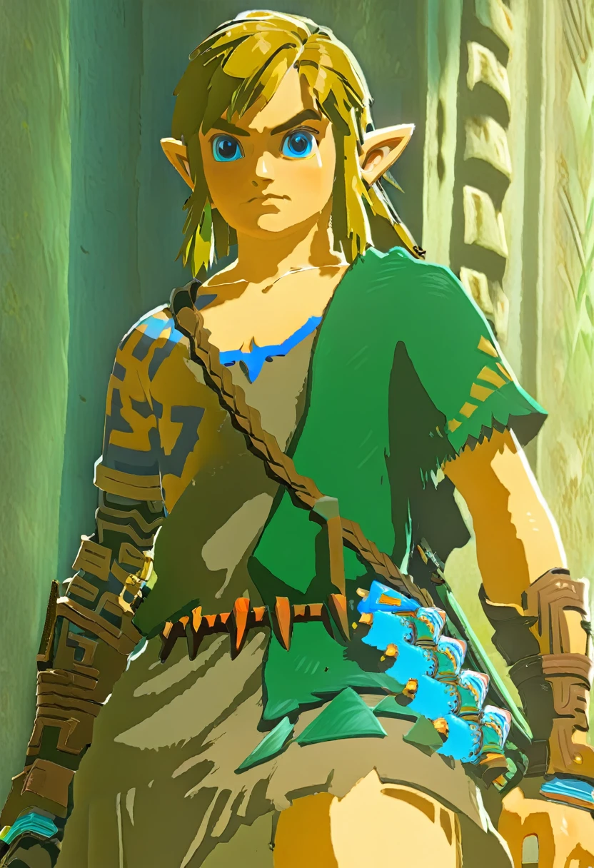 1 boy, link\(The Legend of Zelda\), totklink, zonai dress, single bare shoulder, ((Masterpiece)), ((Best Quality)), (Very Detailed), ((Very Detailed)), 4K, (8K), very aesthetic, absurdres highres,