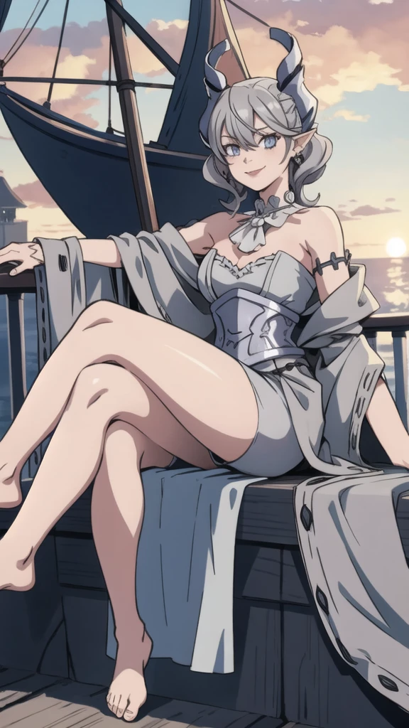 Beautiful arts wallpaper Sunset Outside castle top  High level image quality　best image quality　8K　 adult woman   on pirate ship with black seals    more colors   whole body view　portrait　  　    ears  　short hair（（shortcut）（gray hair）（perm）（fluffy））　eye color is blue ,  , 　attractive evil face , smile   ,  wering pirate dress, horn    ,  labrynth   , sitting with crossed legs   , barefoot ,  side