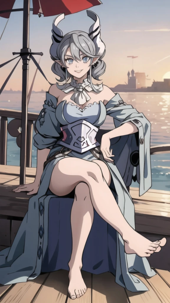 Beautiful arts wallpaper Sunset Outside castle top High level image quality best image quality 8K adult woman on pirate ship with black seals more colors whole body view portrait ears short hair((shortcut)(gray hair)(perm)(fluffy)) eye color is blue , , attractive evil face , smile , wering pirate dress, horn , labrynth , sitting with crossed legs , barefoot , side