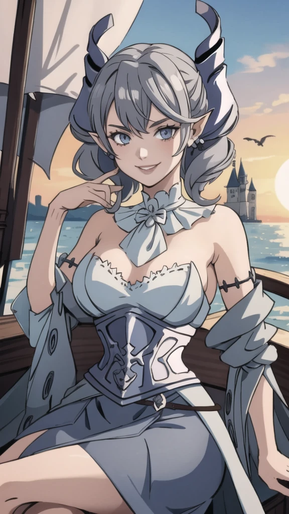 Beautiful arts wallpaper Sunset Outside castle top High level image quality best image quality 8K adult woman on pirate ship with black seals more colors whole body view portrait ears short hair((shortcut)(gray hair)(perm)(fluffy)) eye color is blue , , attractive evil face , smile , wering pirate dress, horn , labrynth , sitting with crossed legs , barefoot , side