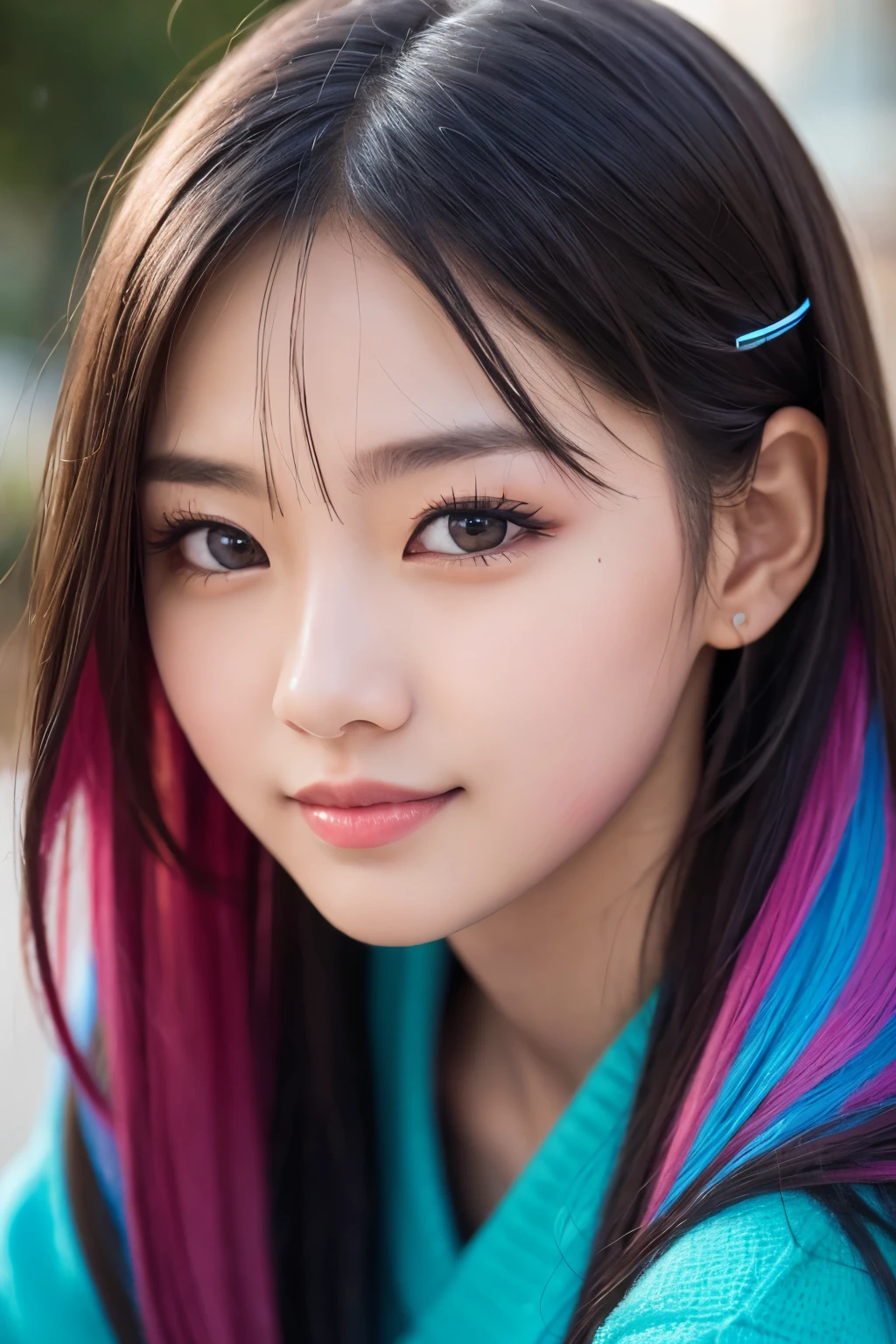 high quality, High resolution, masterpiece, completion, detailed.impressive, Cutting-edge female photography portraits, Showcasing a bold and daring street-art style.( Facing forward)、beautiful woman、The way you look at the person you love、A dreamy look、cyan, and purple, Her vibrant makeup really catches the eye.. Her colorful hair is tied up high, Blue and pink hues in harmony. 背景には蛍光クロムイエローand purpleの魅惑的なグラデーションが施されています, Blends seamlessly with the dynamic colors of your subject. This powerful combination of hyper-detailed realism and artistic expression creates a vivid,