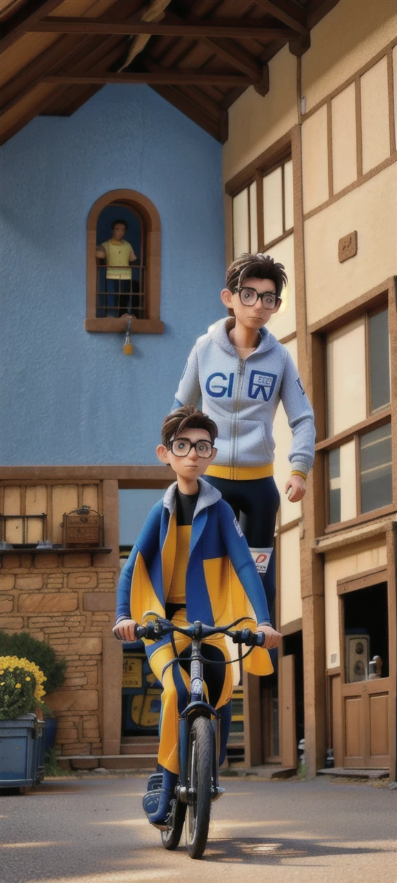 A brunette man, calvo, with glasses and cycling clothes, with his bicycle.