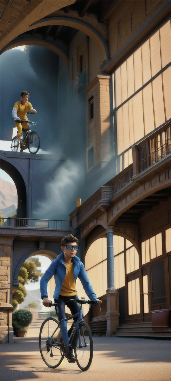 A brunette man, calvo, with glasses and cycling clothes, with his bicycle.