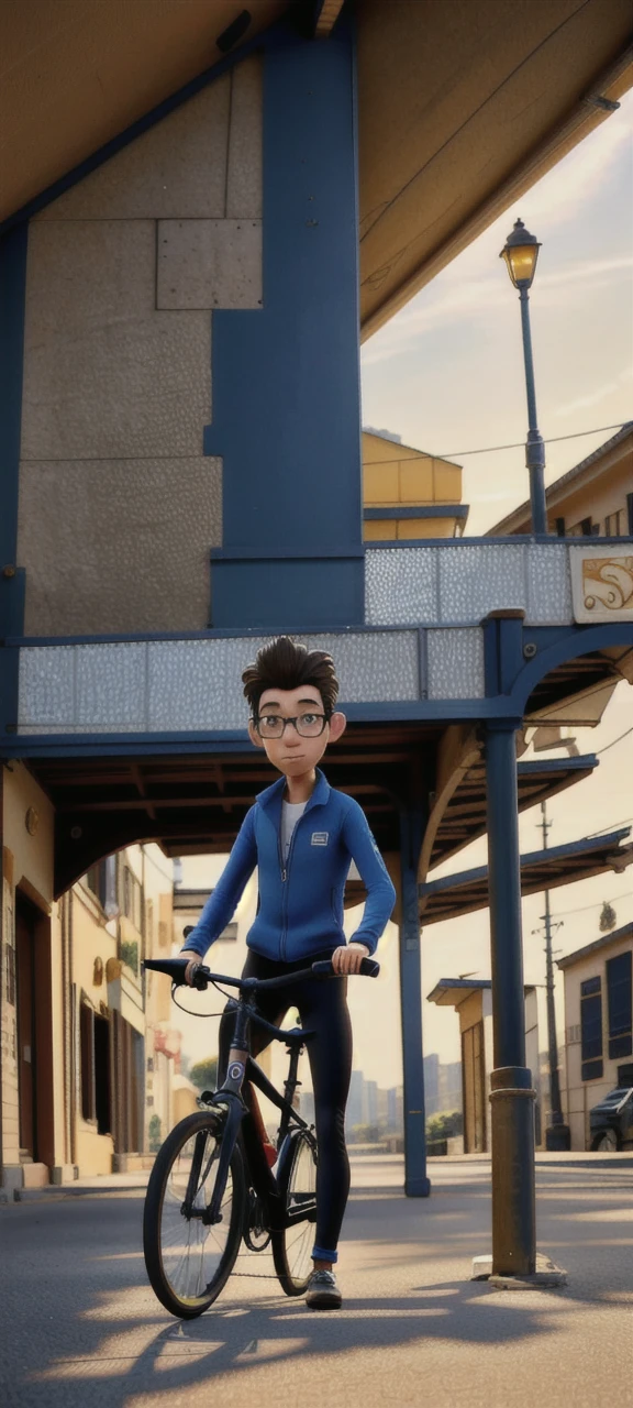 A brunette man,  calvo, with glasses and cycling clothes, with his bicycle. 