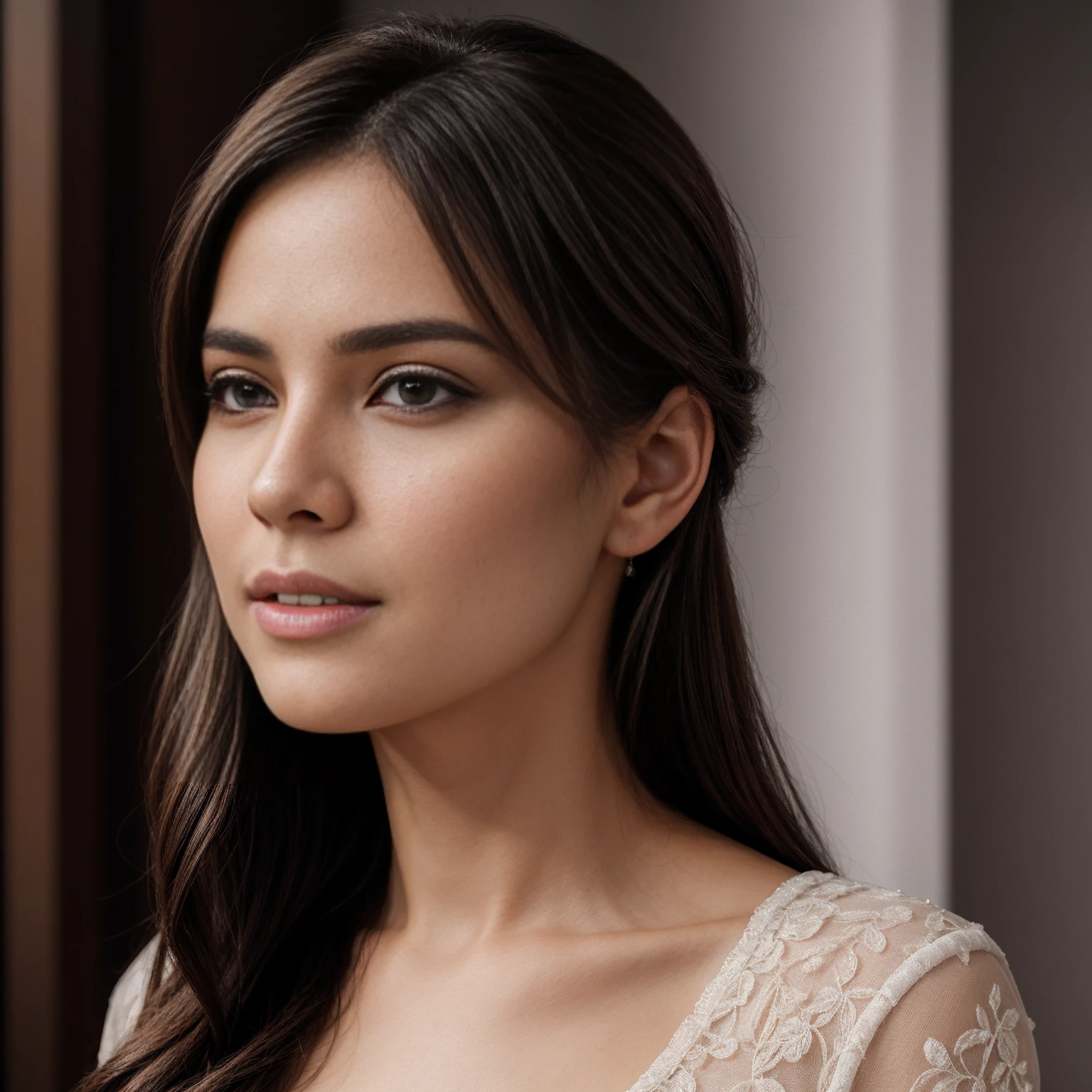a beautiful young woman, detailed portrait, high quality, elegant, photorealistic, intricate details, glowing skin, piercing eyes, subtle makeup, flowing hair, serene expression, soft lighting, warm color tones, cinematic composition, masterpiece, ultra-detailed, realistic, photo-realistic, looking at viewer.