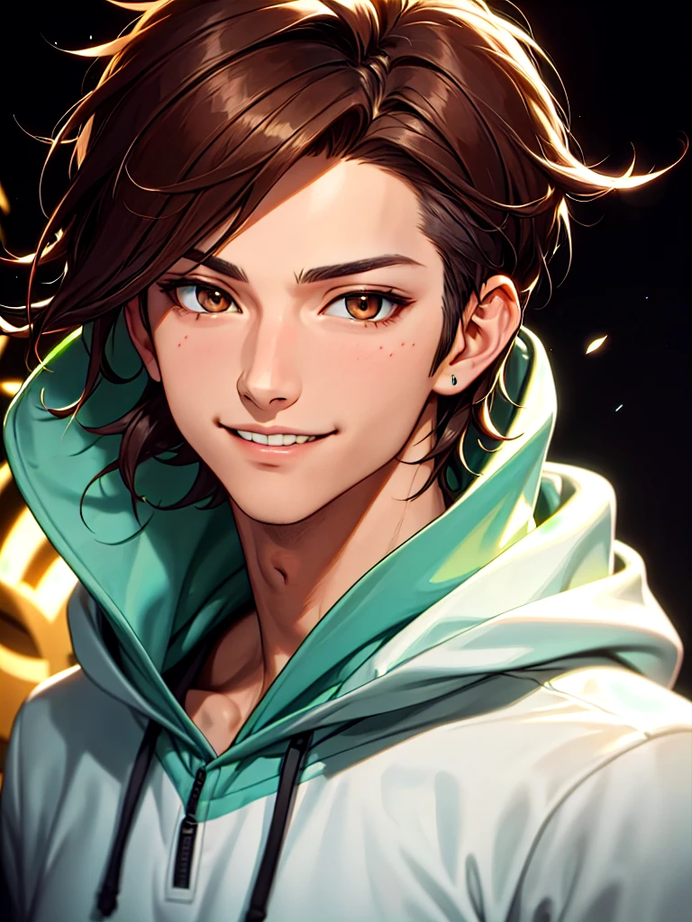 ((Portrait Photo)), He has a Youthful and Vibrant Appearance, with a Slim, Athletic Build and Lightly Tanned Skin. He Expresses a Confident and Self-Assured Look, Giving Off a Cheerful Glint and a Charismatic Smile. He has Light Brown Eyes, and His Hair is Short, Brown, and Tousled, with Spiky Strands Falling Over His Forehead. He Wears a Light Hooded Sweatshirt. ((Portrait Photo, HDR, Dark Background))