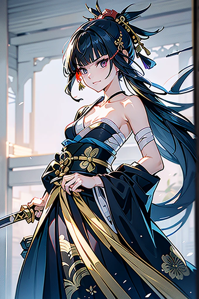 ((roll up bandage sideways on a chest tightly to cover the chest without gaps)), the bantage is no chest shape, flat chest, Japanese Gangster BOSS, adult woman with the dignified presence, Killing Qi, wear nothing around shoulder, wear nothing around neck, wear the kimono, wear it below the waist, (I wind it up to control it, and to attach it), ((kimono come off)) ,wear the kimono multiple times, Bare shoulders and the clavicle, black and gold kimono, put on over jacket of kimono, (holding a japanese sword which shine in purple, The handole of the sword is black, and the blade is gray, long sword), eye fire, low angle, whole body, bandage is seen, anime character, Glaring, off sholder, nappropriate smile, Excellent, black blue hair, can see both shoulder, long hem, small face