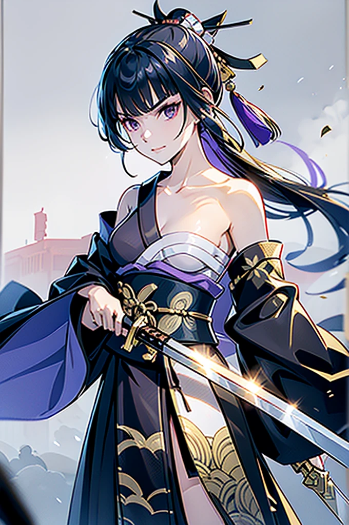 ((roll up bandage sideways on a chest tightly to cover the chest without gaps)), the bantage is no chest shape, flat chest, Japanese Gangster BOSS, adult woman with the dignified presence, Killing Qi, wear nothing around shoulder, wear nothing around neck, wear the kimono, wear it below the waist, (I wind it up to control it, and to attach it), ((kimono come off)) ,wear the kimono multiple times, Bare shoulders and the clavicle, black and gold kimono, put on over jacket of kimono, (holding a japanese sword which shine in purple, The handole of the sword is black, and the blade is gray, long sword), eye fire, low angle, whole body, bandage is seen, anime character, Glaring, off sholder, nappropriate smile, Excellent, black blue hair, can see both shoulder, long hem, small face