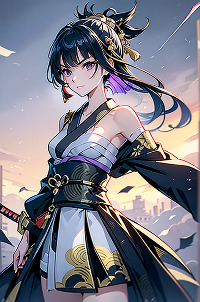 ((roll up bandage sideways on a  chest tightly to cover the chest without gaps)), the bantage is no chest shape, flat chest, Japanese Gangster BOSS, adult woman with the dignified presence, Killing Qi, wear nothing around shoulder, wear nothing around neck, wear the kimono, wear it below the waist, (I wind it up to control it, and to attach it),  ((kimono come off)) ,wear the kimono multiple times, Bare shoulders and the clavicle, black and gold kimono, put on over jacket of kimono, (holding a japanese sword which shine in purple, The handole of the sword is black, and the blade is gray, long sword), eye fire, low angle, whole body, bandage is seen, anime character, Glaring, off sholder, nappropriate smile, Excellent, black blue hair, can see both shoulder, long hem, small face