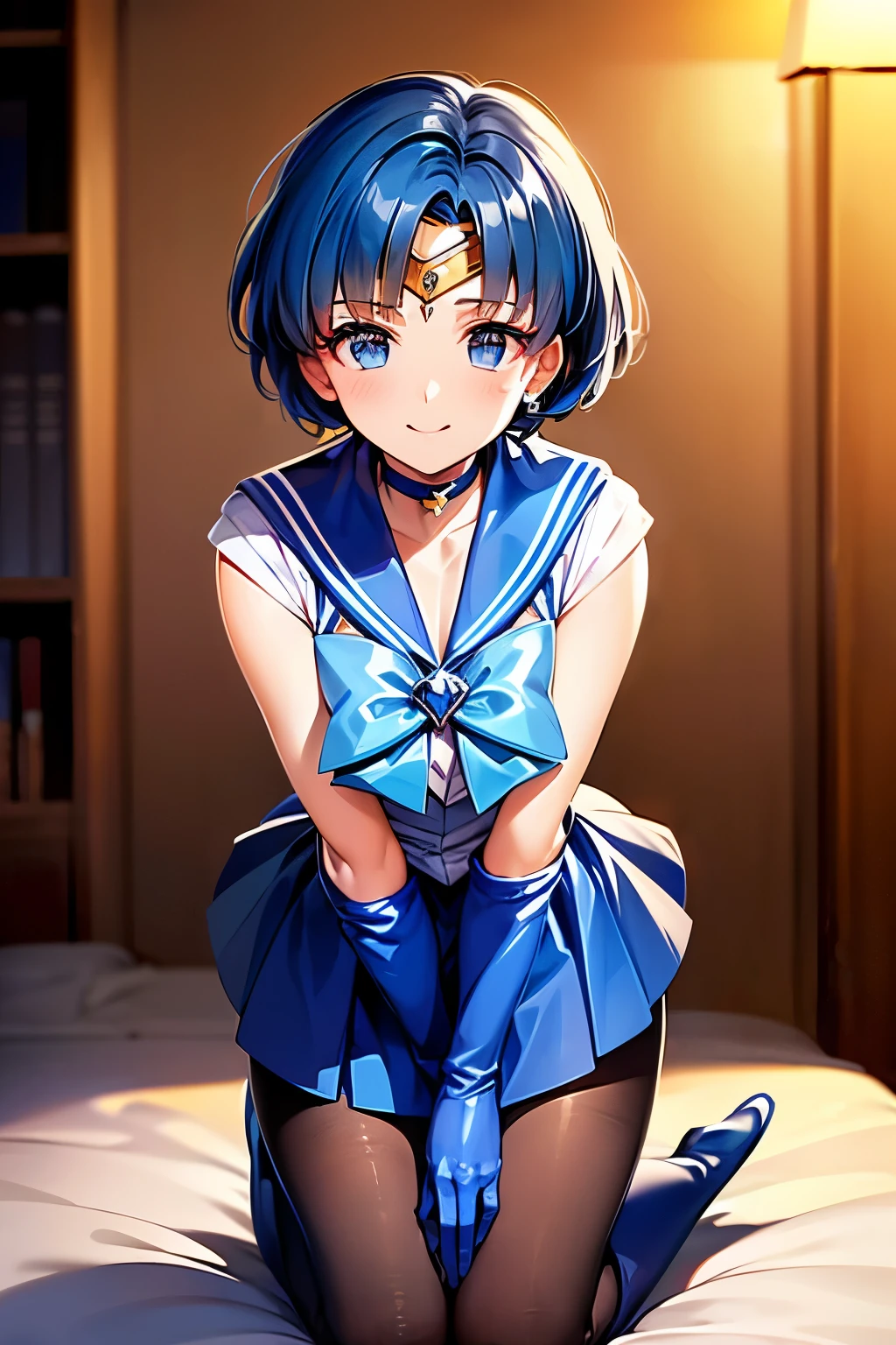 Highest quality, (masterpiece:1.2), Very detailed, 
One girl, alone,
View your viewers, smile, Medium chest, 
Water Eye, Blue Hair, short hair、Permed hair、((pantyhose))、Bedroom、((Sailor Mercury))、((Long gloveini skirt)、((Knee-high boots))、(Kneeling)