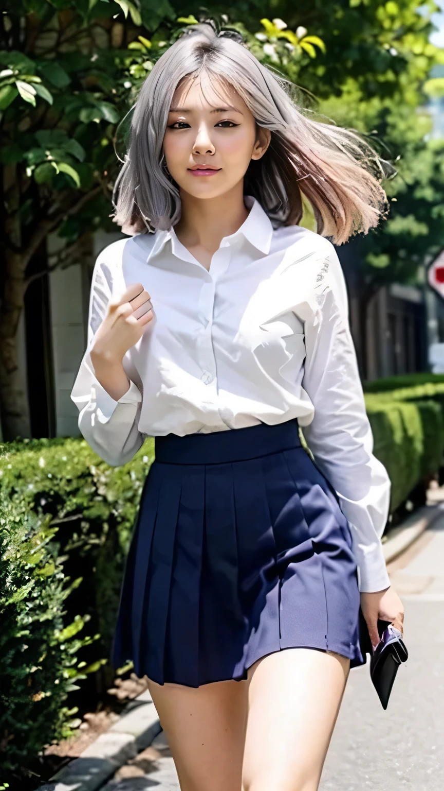 (High school girls walking on Tokyo street:1.2、blue sky)、((school uniform、blazer、Pleated skirt、Navy blue socks、loafers)、the wind is strong、(Realistic、Like a photograph、Live Action、8K, Realistic, RAW Photos, Best image quality: 1.4), Single-lens reflex camera、RAW Photos, Highest quality, Realistic, Highly detailed CG Unity 8K wallpaper, Written boundary depth, Cinematic Light, Lens flare, Ray Tracing, Realistic background、((ultra high density skin))、 Teenage girl on her way to school,Cute Japanese、(whole body:1.5)、Super detailed face，avert your eyes:1.1、(Silver inner color hair、Straight Long Hair:1.2、My hair flutters in the wind:1.4)、I like that style、stylish、Very detailed、Pay attention to the details、Perfect outfit、(Sunburned skin)、View from below、Accurate hands、Accurate legs、Detailed hands and fingers、Anatomically correct body、Thin legs、Thin thighs、Large Breasts、Detailed white panties