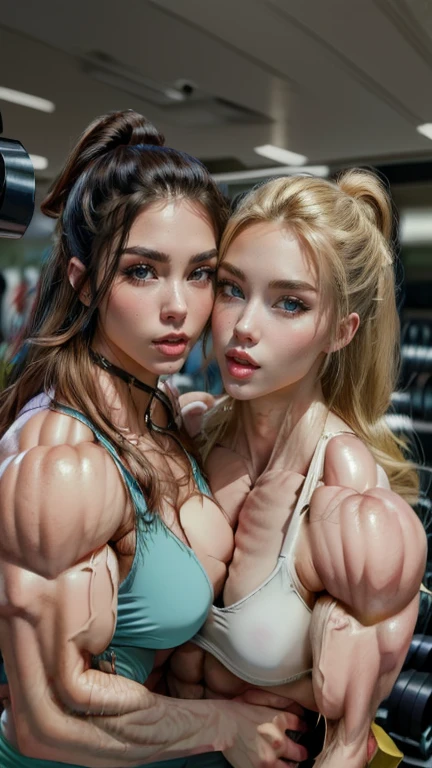 two women posing for a picture in a gym with their muscles, beautiful sci - fi twins, feminine and muscular, wlop and andrei riabovitchev, alena aenami and lilia alvarado, very beautiful. big muscles, very realistic digital art, highly realistic digital art, muscular characters, wrinkles and muscles, big arms, muscled, steroids, extreme physique, exaggerated muscularity