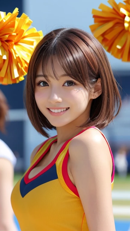 Realistic、Masseter region、Highest quality、High resolution、RAW Photos、Realistic、Bright lighting、Face Light、Smooth Professional Lighting、Japanese women、Beautiful woman、Modeled、gravure、sexy、so beautiful、Realisticで美しい肌、Beautiful and exquisite、Detailed face、slim、Large Breasts、Cleavage、short hair、Brunette colored hair、Brown eyes、Looking into the camera、Cheerleader、Cheerleader、Cheerleader、smile