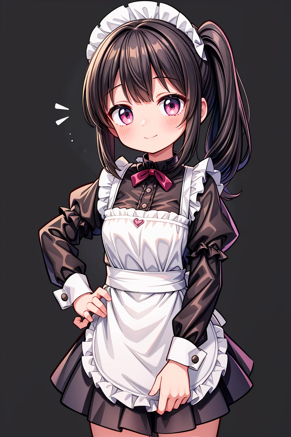 (Highest image quality), (highest quality), (masterpiece), (dynamic lighting), (photo realism), maid uniform, detailed face, ((loli)), ((girl)), (little curve), short black hair, (one side ponytail hairstyle), pink eyes, ((tiny bust)), (apron), smile, winking, (kitchen background), ((very blushing)), ((detailed hands and fingers)), hands on the hips, viewer perspective from below, (blush), more detailed, ((EasyNegativeV2))