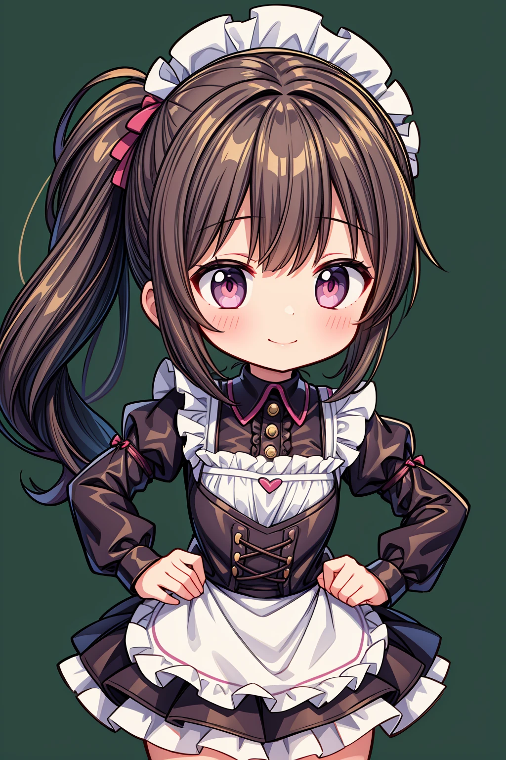 (Highest image quality), (highest quality), (masterpiece), (dynamic lighting), (photo realism), maid uniform, detailed face, ((li)), ((girl)), (little curve), short black hair, (one side ponytail hairstyle), pink eyes, ((tiny bust)), (apron), smile, winking, (kitchen background), ((very blushing)), ((detailed hands and fingers)), hands on the hips, viewer perspective from below, (blush), more detailed, ((EasyNegativeV2))