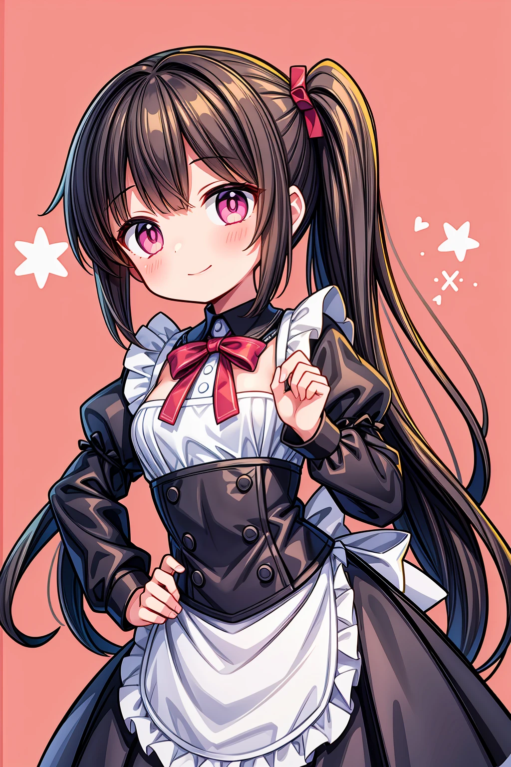 (Highest image quality), (highest quality), (masterpiece), (dynamic lighting), (photo realism), maid uniform, detailed face, ((li)), ((girl)), (little curve), short black hair, (one side ponytail hairstyle), pink eyes, ((tiny bust)), (apron), smile, winking, (kitchen background), ((very blushing)), ((detailed hands and fingers)), hands on the hips, viewer perspective from below, (blush), more detailed, ((EasyNegativeV2))