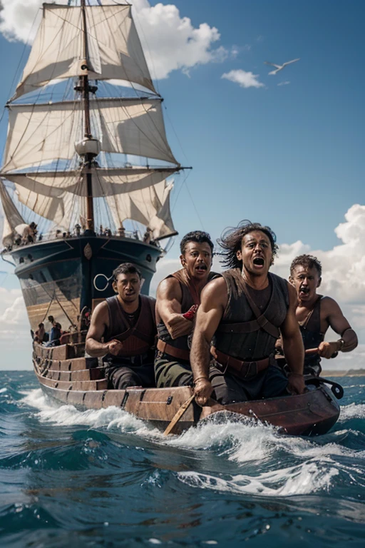 ancient men managing to return to their ships, with expressions of terror and urgency.