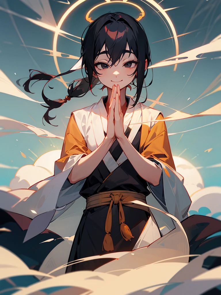 Amitabha Buddha smiling black eyes zazen halo black hair hands together androgynous