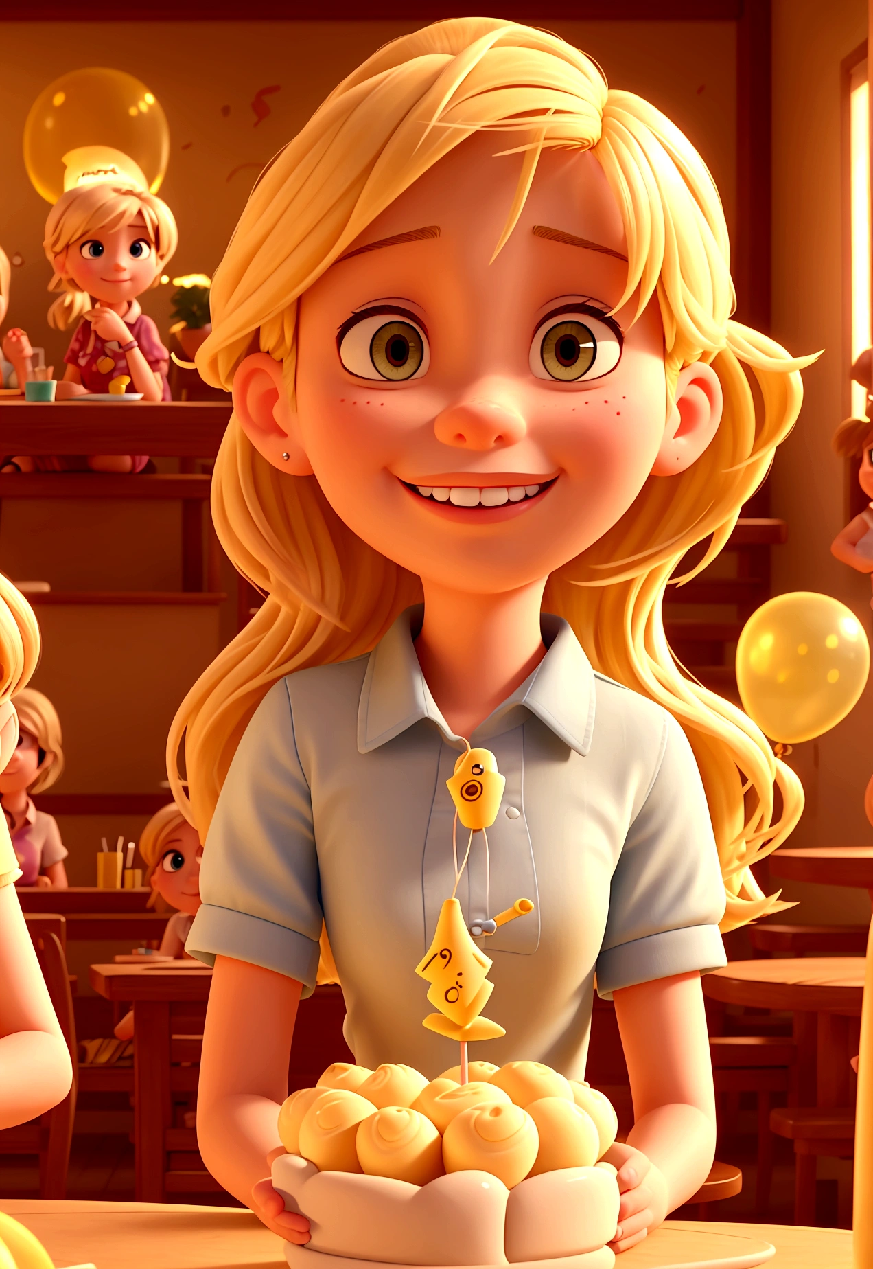 creates an image of a young blonde pixar style, sitting at a table with other friends, happy, everyone together, taking a selfie, celebrating a birthday, Text "Giselle" background is a bar, and yellowish color, balloons, plants and notes of dollars falling to the bottom