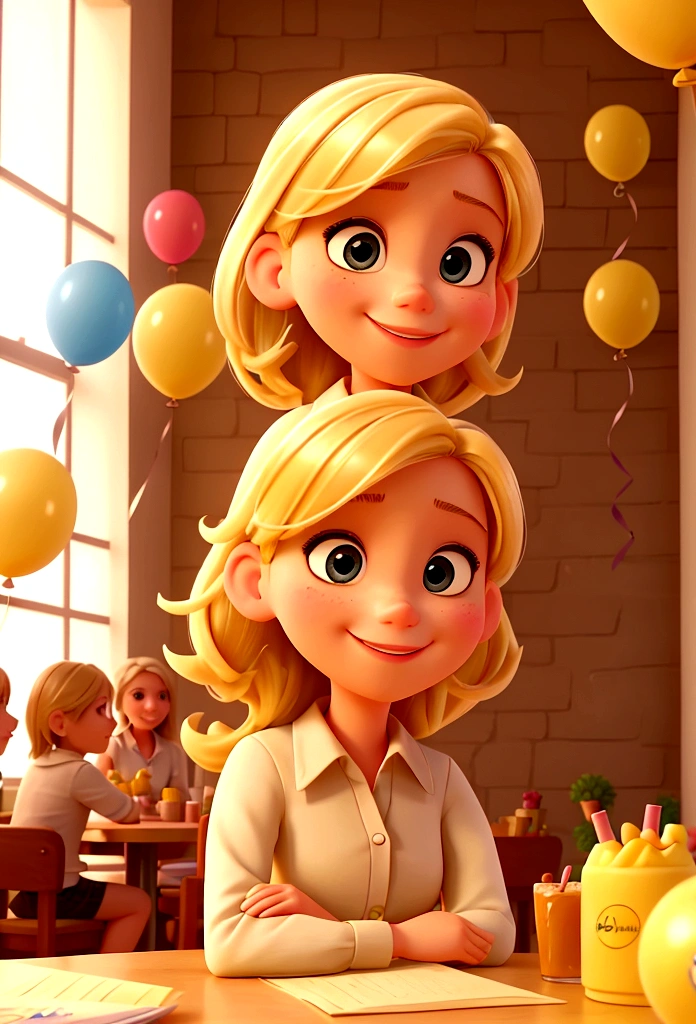creates an image of a young blonde pixar style, sitting at a table with other friends, happy, everyone together, taking a selfie, celebrating a birthday, Text "Giselle" background is a bar, and yellowish color, balloons, plants and notes of dollars falling to the bottom