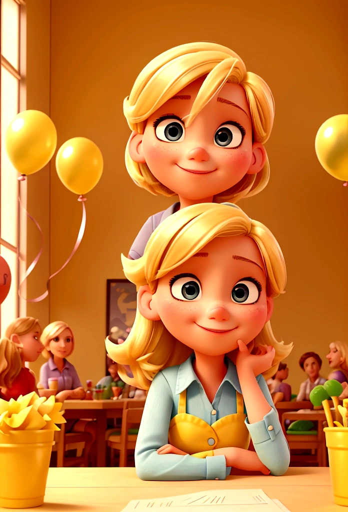 creates an image of a young blonde pixar style, sitting at a table with other friends, happy, everyone together, taking a selfie, celebrating a birthday, Text "Giselle" background is a bar, and yellowish color, balloons, plants and notes of dollars falling to the bottom
