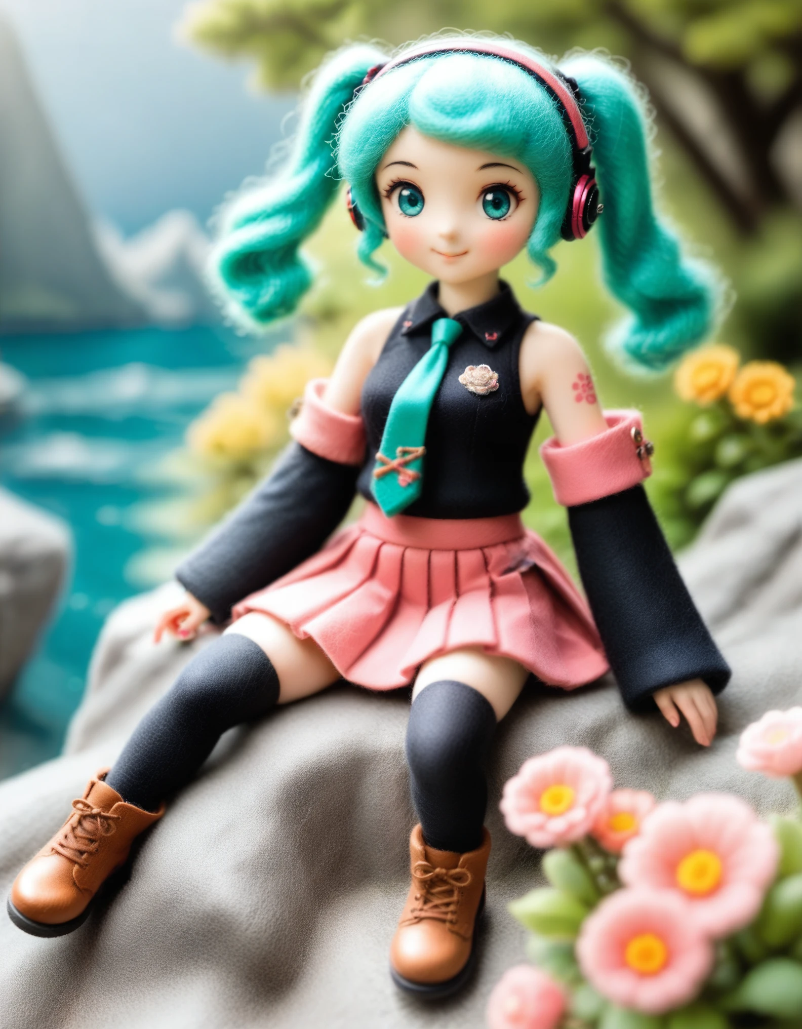 1girl, 
maozhan, felt style, 
medium quality, closed mouth, light, wide shot, bare shoulders, pink skirt, shirt, miniskirt, scenery, long hair, black sleeves, frilled shirt, zettai ryouiki, headphones, aqua hair, tattoo, very long hair, holding, frills, shoulder tattoo, aqua eyes, detached sleeves, holding book, aqua necktie, smile, black thighhighs, black shirt, twintails, skirt, thighhighs, sitting, book, pleated skirt, solo, necktie, open book, long sleeves, 
newest, absurdres, safe
 