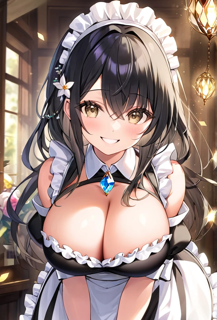 Black Hair、Young face、Clear and beautiful eyes、Light brown eyes、Smooth shoulder-length hair、Big Breasts、smile、Detailed skin、Maid clothes、crystal flower、low length