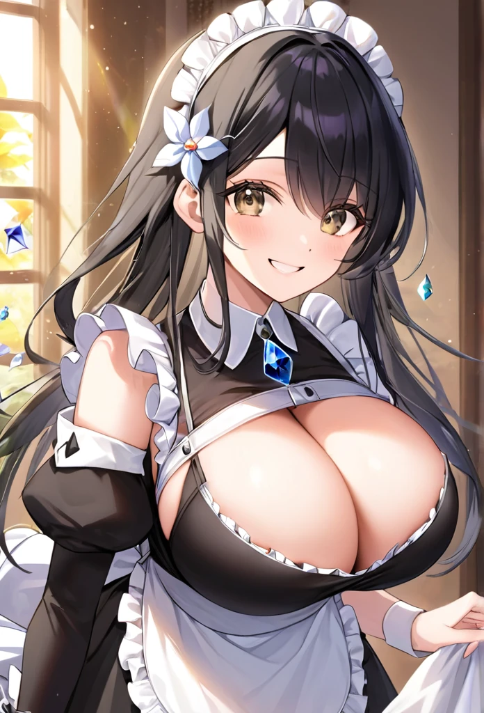 Black Hair、Young face、Clear and beautiful eyes、Light brown eyes、Smooth shoulder-length hair、Big Breasts、smile、Detailed skin、Maid clothes、crystal flower、low length