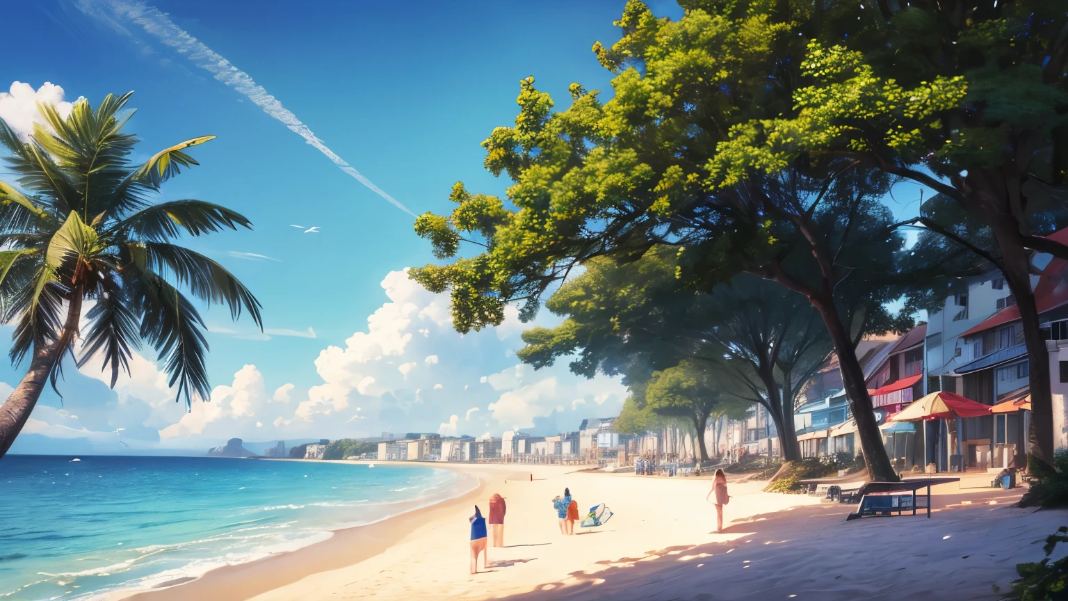 absurdres, highres, masterpiece, illustration, background, beach (busy public beach, beach town, trees in the background, beachside, sea horison), eye height, barren