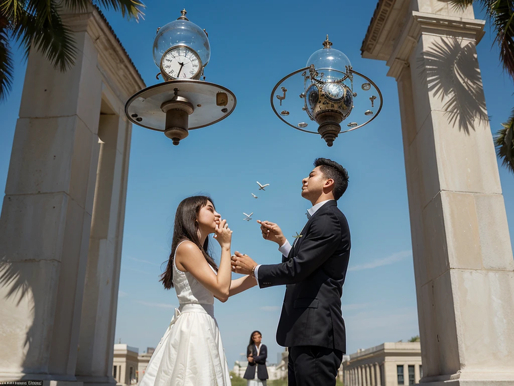 Time flies with you: A couple enjoying a beautiful day, with various elements representing the passage of time (clocks, hourglasses), yet their love making time seem to fly away.