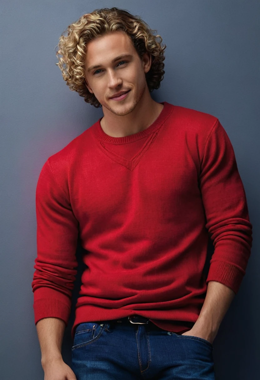 a dynamic photorealistic half-body portrait of 25 years old RYAN DALISH, frontal view, of north american origin, caucasian male, light skin, almost a model, in red sweater and blue jeans, short blonde curly hairs, broad chin, perfect anatomies, detailed faces, detailed skins, detailed eyes and mouths, well aligned teeth, high quality, 4k resolution, photographic, hyperrealistic, dark grey vibrant background, neutral background, color graded background, more detail XL