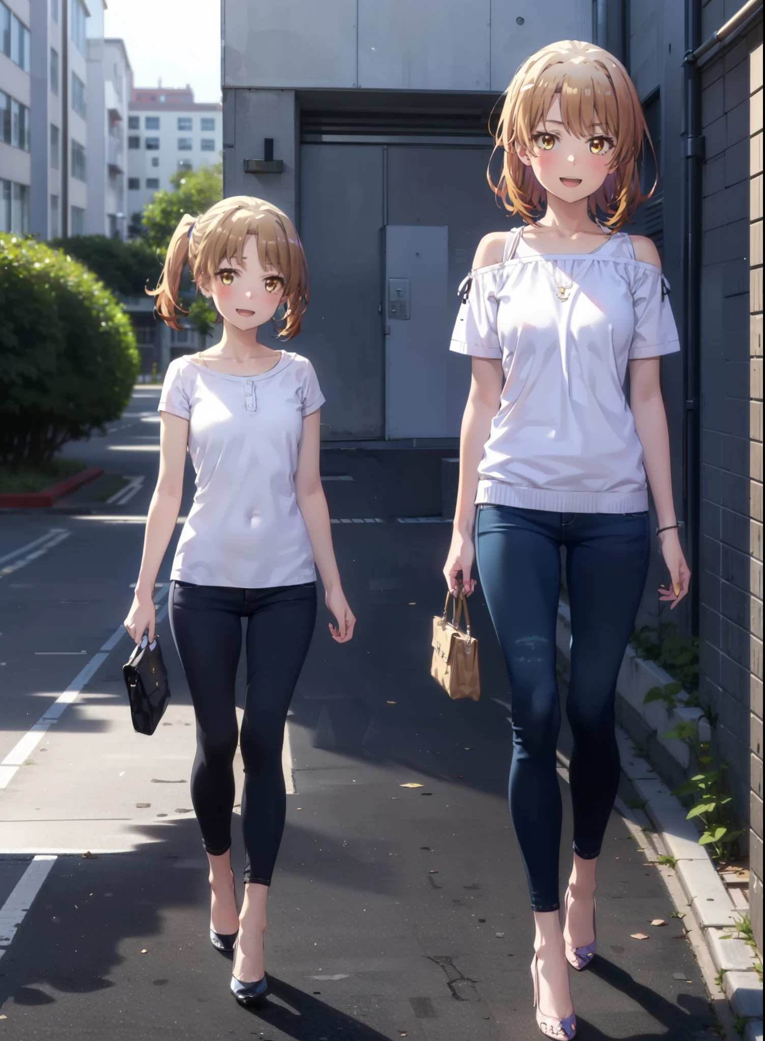 Irohaisshiki, isshiki iroha, Short Hair, Brown Hair, (Brown eyes:1.5), blush,ponytail,
happy smile, smile, Open your mouth,Cold Shoulder Shirt,Short sleeve skinny jeans,Stiletto heels,Daytime,Clear skies,Walking,whole bodyがイラストに入るように,
break outdoors, School,courtyard,
break looking at viewer,whole body,
break (masterpiece:1.2), Highest quality, High resolution, unity 8k wallpaper, (figure:0.8), (Beautiful attention to detail:1.6), Highly detailed face, Perfect lighting, Highly detailed CG, (Perfect hands, Perfect Anatomy),