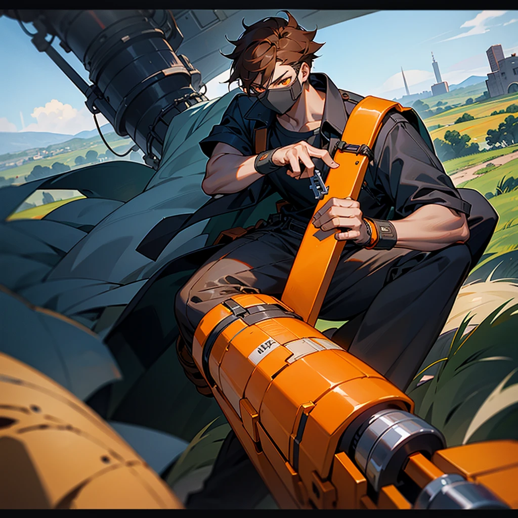 creates a 17 year old young man, dark skin color, orange eye color, dark hair color, mechanic clothing, landscape war, that reads a mechanical key in his hand