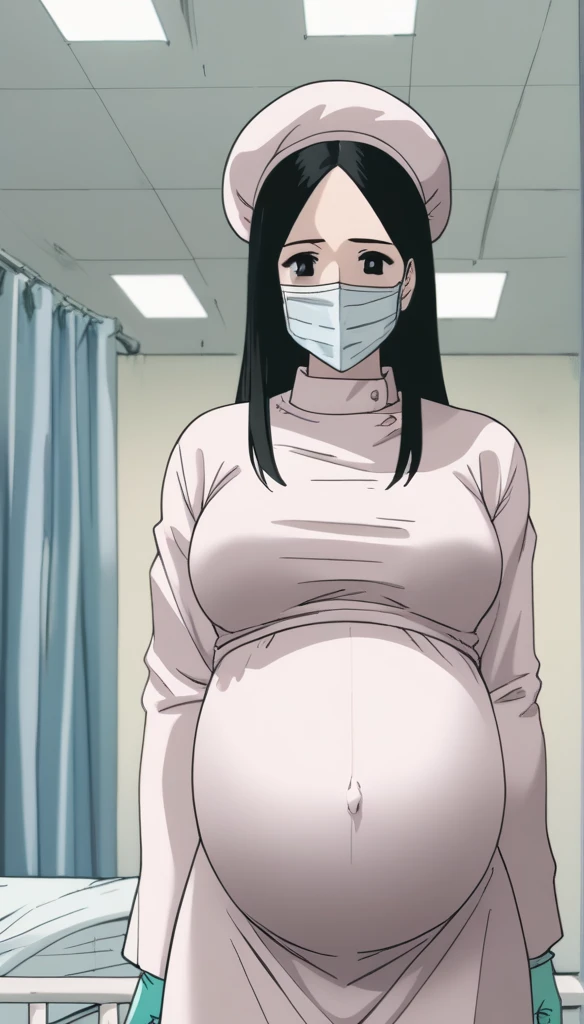 score_9,  score_8_up, score_7_up, source_anime, raw image, masterpiece, highest quality, kasuganoray, pale skin, shy eyes, long black hair, big breasts, scrubs, surgical mask, bouffant cap, long sleeve maternity dress, seamless, navel head, 
1girl, pregnant, solo, long rubber gloves, looking down, furrowed brow, hospital bed, light shines from the ceiling, standing, patient room background, 