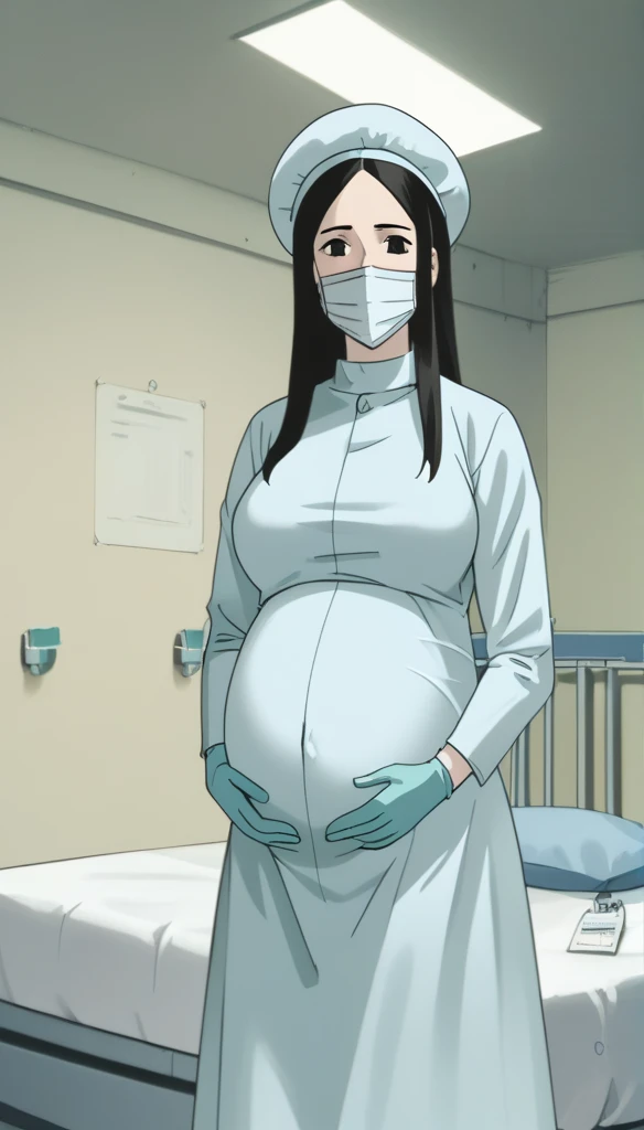 score_9,  score_8_up, score_7_up, source_anime, raw image, masterpiece, highest quality, kasuganoray, pale skin, shy eyes, long black hair, big breasts, scrubs, surgical mask, bouffant cap, long sleeve maternity dress, seamless, navel head, 
1girl, pregnant, solo, long rubber gloves, looking down, furrowed brow, hospital bed, light shines from the ceiling, standing, patient room background, 