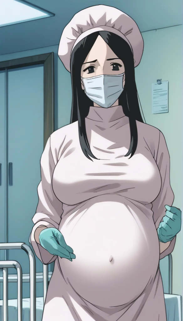 score_9,  score_8_up, score_7_up, source_anime, raw image, masterpiece, highest quality, kasuganoray, pale skin, shy eyes, long black hair, big breasts, scrubs, surgical mask, bouffant cap, long sleeve maternity dress, seamless, navel head, 
1girl, pregnant, solo, long rubber gloves, looking down, furrowed brow, hospital bed, light shines from the ceiling, standing, patient room background, 