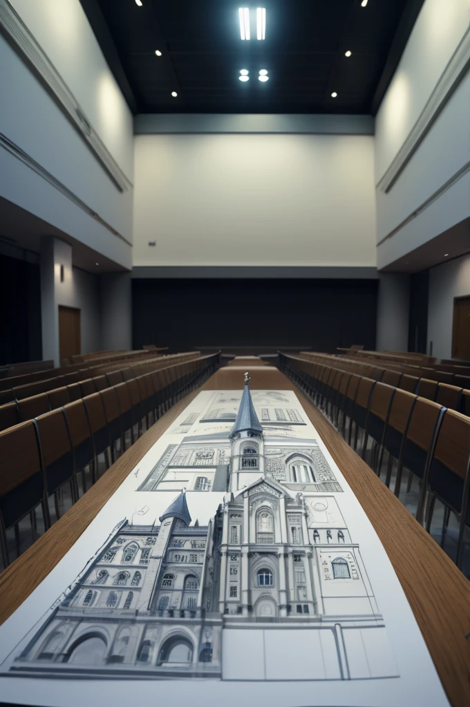 large auditorium full of architects attending a lecture and class on architectural sketching. Show speaker showing an Architecture sketch as an example. Place full of architects. Perfect and undistorted people, Perfect, distortion-free hand. Drawings on the table. well lit place. 