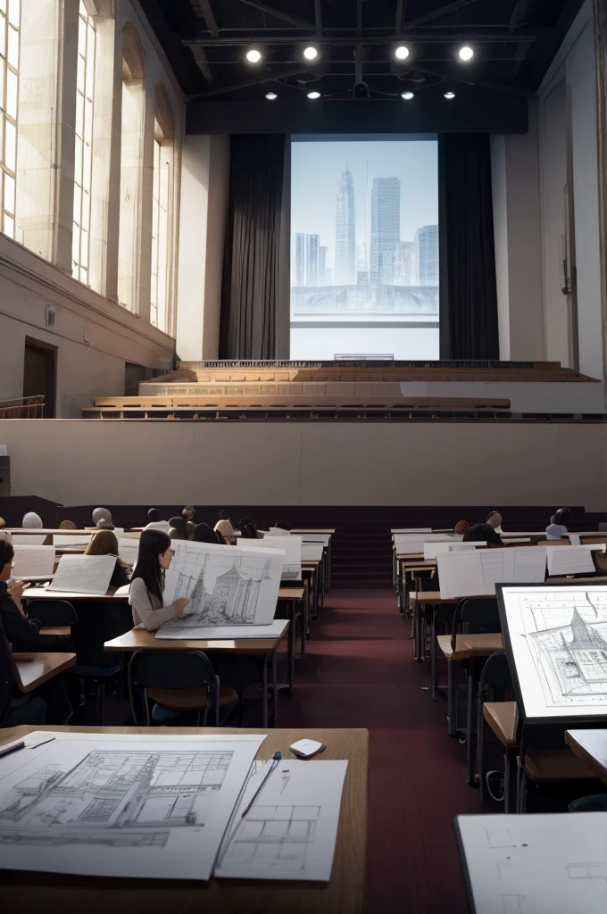 large auditorium full of architects attending a lecture and class on architectural sketching. Show speaker showing an Architecture sketch as an example. Place full of architects. Perfect and undistorted people, Perfect, distortion-free hand. Drawings on the table. well lit place.