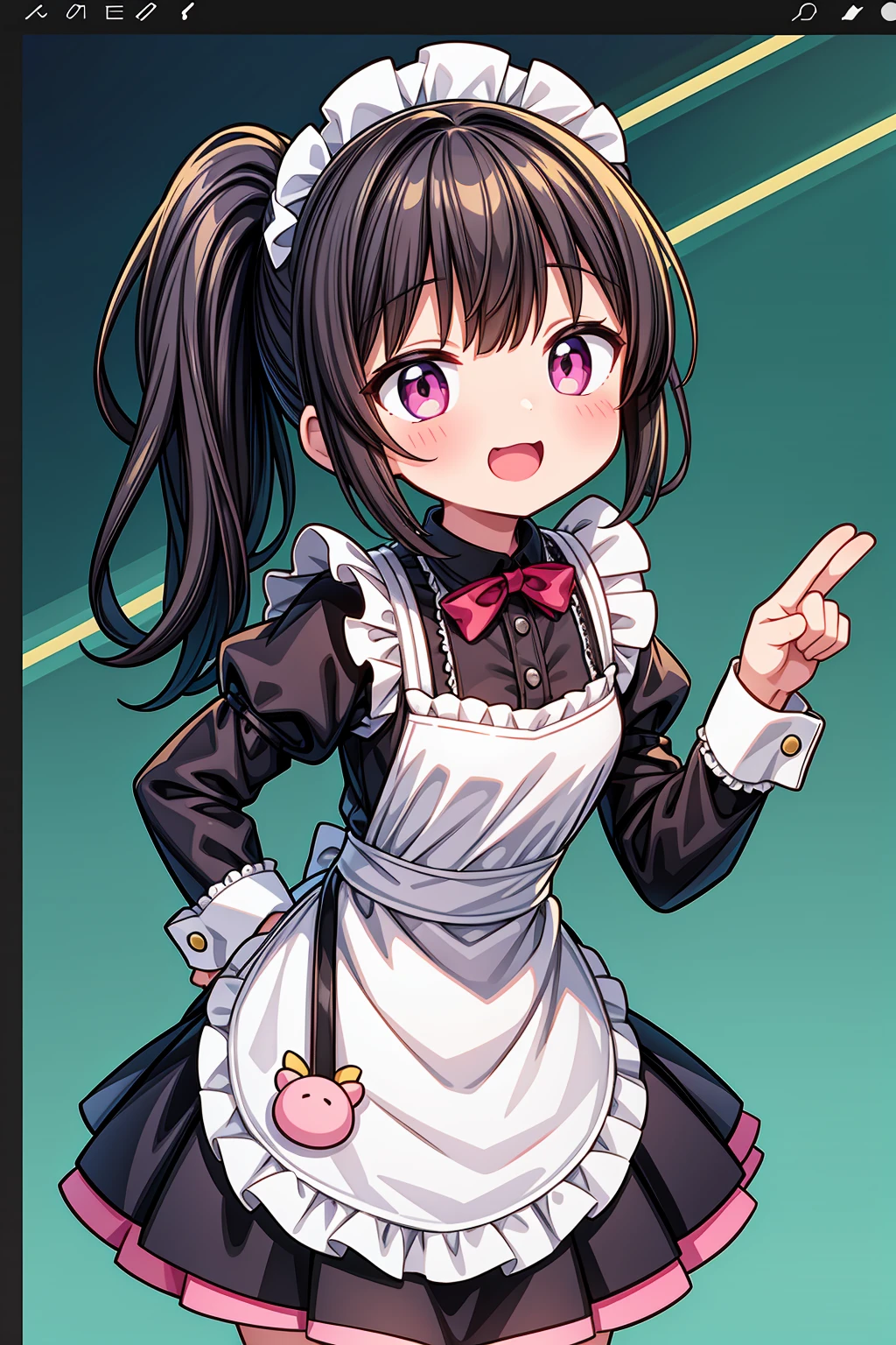 (Highest image quality), (highest quality), (masterpiece), (dynamic lighting), (photo realism), maid uniform, detailed face, ((loli)), ((girl)), (little curve), short black hair, (one side ponytail hairstyle), pink eyes, ((very tiny bust)), (apron), smile, winking, (kitchen background), ((very blushing)), ((detailed hands and fingers)), hands on the hips, viewer perspective from below, (blush), more detailed, EasyNegativeV2
