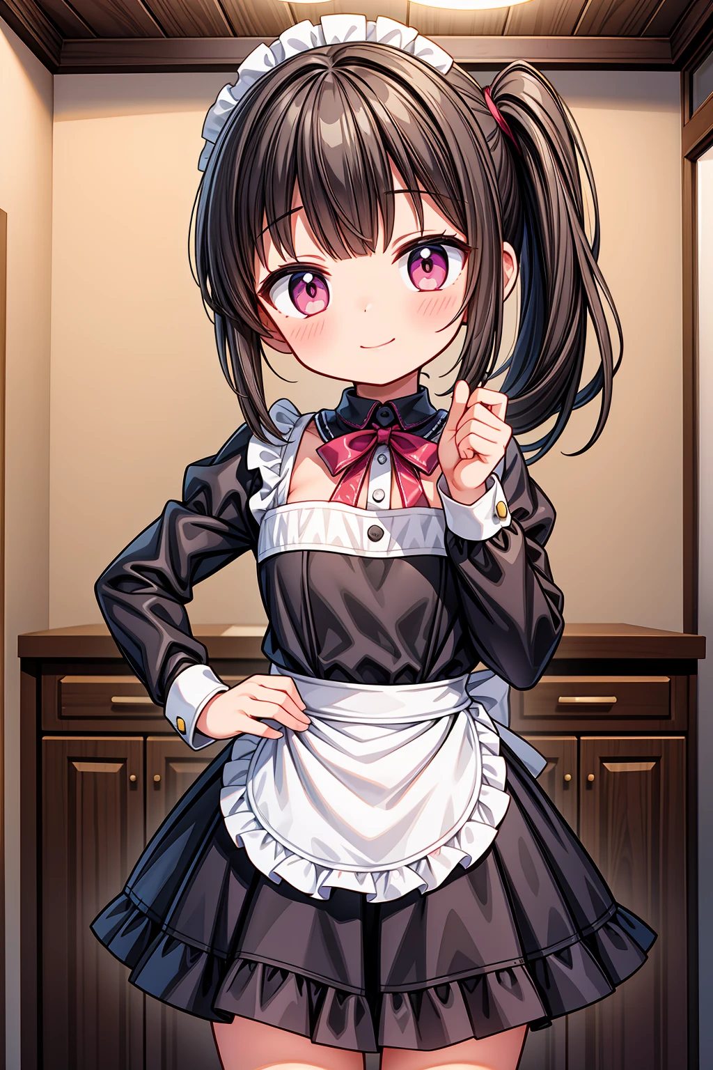 (Highest image quality), (highest quality), (masterpiece), (dynamic lighting), (photo realism), maid uniform, detailed face, ((loli)), ((girl)), (little curve), short black hair, (one side ponytail hairstyle), pink eyes, ((very tiny bust)), (apron), smile, winking, (kitchen background), ((very blushing)), ((detailed hands and fingers)), hands on the hips, viewer perspective from below, (blush), more detailed, EasyNegativeV2