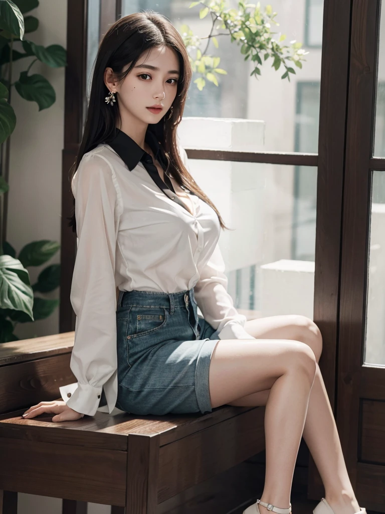 absurdres, RAW photo, extremely delicate and beautiful, masterpiece, Best Quality, ultra high resolution, 32k, hyperrealistic, ultra-detailed, perfect figure, in her 20s, very small head, very small face, delicate facial features, tearful mole, earring, huge breasts, huge breasts, full body shot, medium hair, black hair, collared shirt, shorts, bare legs,
