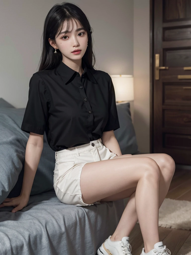 absurdres, RAW photo, extremely delicate and beautiful, masterpiece, Best Quality, ultra high resolution, 32k, hyperrealistic, ultra-detailed, perfect figure, in her 20s, very small head, very small face, delicate facial features, tearful mole, earring, huge breasts, huge breasts, full body shot, medium hair, black hair, collared shirt, shorts, bare legs,