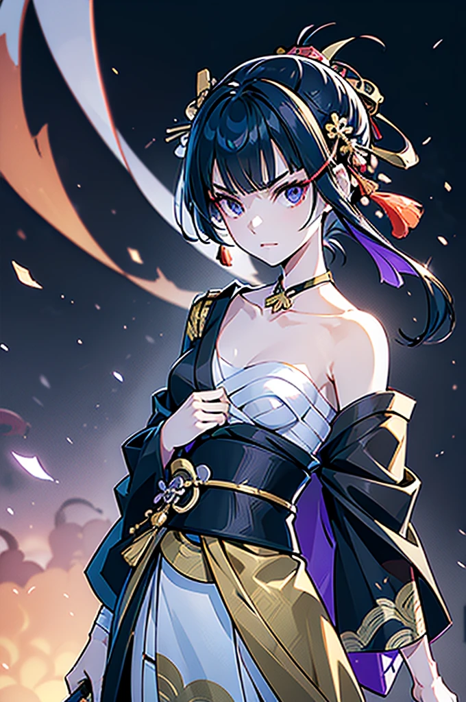 ((roll up bandage sideways on a chest tightly to cover the chest without gaps)), the bantage is no chest shape, flat chest, Japanese Gangster BOSS, adult woman with the dignified presence, Killing Qi, wear nothing around shoulder, wear nothing around neck, wear the kimono, wear it below the waist, (I wind it up to control it, and to attach it), ((kimono come off)) ,wear the kimono multiple times, Bare shoulders and the clavicle, black and gold kimono, put on over jacket of kimono, (holding a japanese sword which shine in purple, The handole of the sword is black, and the blade is gray, long sword), eye fire, low angle, whole body, bandage is seen, anime character, Glaring, off sholder, nappropriate smile, Excellent, black blue hair, can see both shoulder, long hem, small face