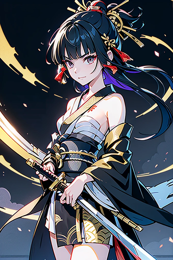 ((roll up bandage sideways on a chest tightly to cover the chest without gaps)), the bantage is no chest shape, flat chest, Japanese Gangster BOSS, adult woman with the dignified presence, Killing Qi, wear nothing around shoulder, wear nothing around neck, wear the kimono, wear it below the waist, (I wind it up to control it, and to attach it), ((kimono come off)) ,wear the kimono multiple times, Bare shoulders and the clavicle, black and gold kimono, put on over jacket of kimono, (holding a japanese sword which shine in purple, The handole of the sword is black, and the blade is gray, long sword), eye fire, low angle, whole body, bandage is seen, anime character, Glaring, off sholder, nappropriate smile, Excellent, black blue hair, can see both shoulder, long hem, small face