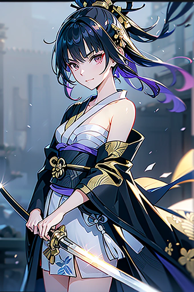 ((roll up bandage sideways on a chest tightly to cover the chest without gaps)), the bantage is no chest shape, flat chest, Japanese Gangster BOSS, adult woman with the dignified presence, Killing Qi, wear nothing around shoulder, wear nothing around neck, wear the kimono, wear it below the waist, (I wind it up to control it, and to attach it), ((kimono come off)) ,wear the kimono multiple times, Bare shoulders and the clavicle, black and gold kimono, put on over jacket of kimono, (holding a japanese sword which shine in purple, The handole of the sword is black, and the blade is gray, long sword), eye fire, low angle, whole body, bandage is seen, anime character, Glaring, off sholder, nappropriate smile, Excellent, black blue hair, can see both shoulder, long hem, small face