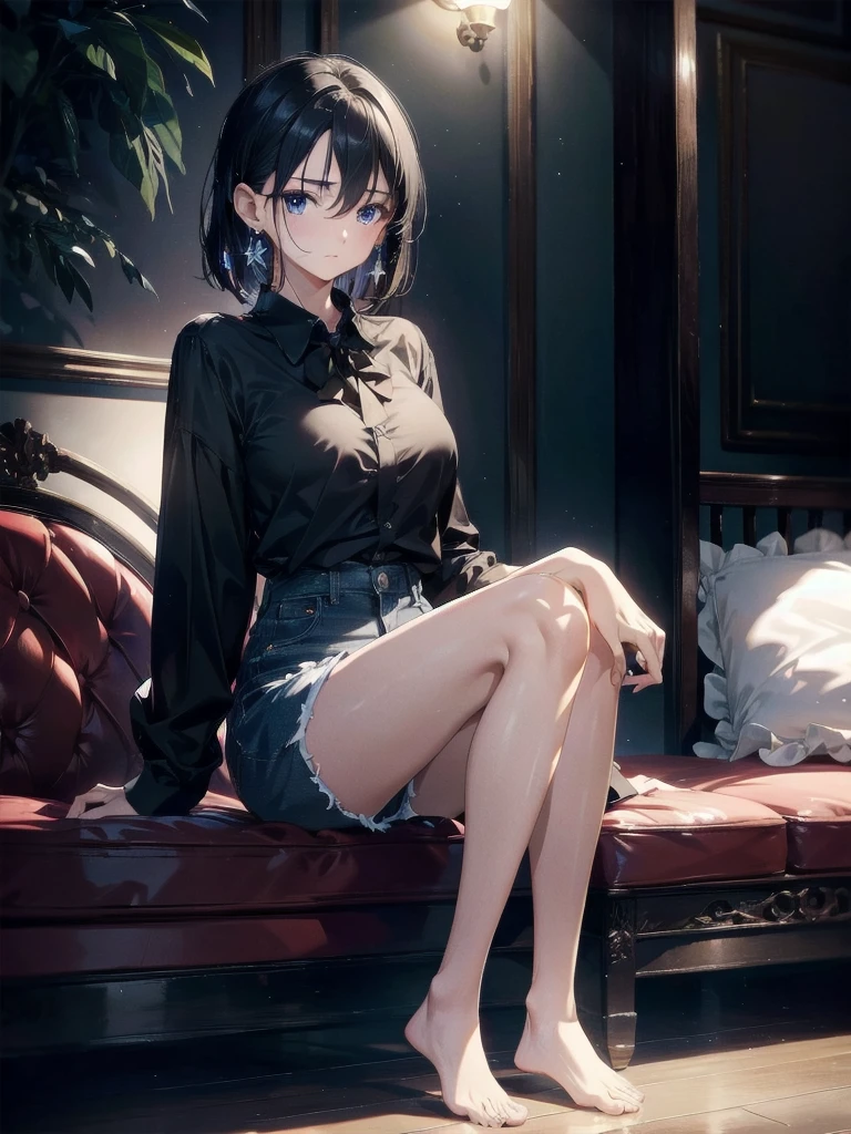 absurdres, RAW photo, extremely delicate and beautiful, masterpiece, Best Quality, ultra high resolution, 32k, hyperrealistic, ultra-detailed, in her 20s, delicate facial features, tearful mole, earring, medium breasts, full body shot, shorter middle hair, black hair, summer school_uniform shirt, sleeveless,